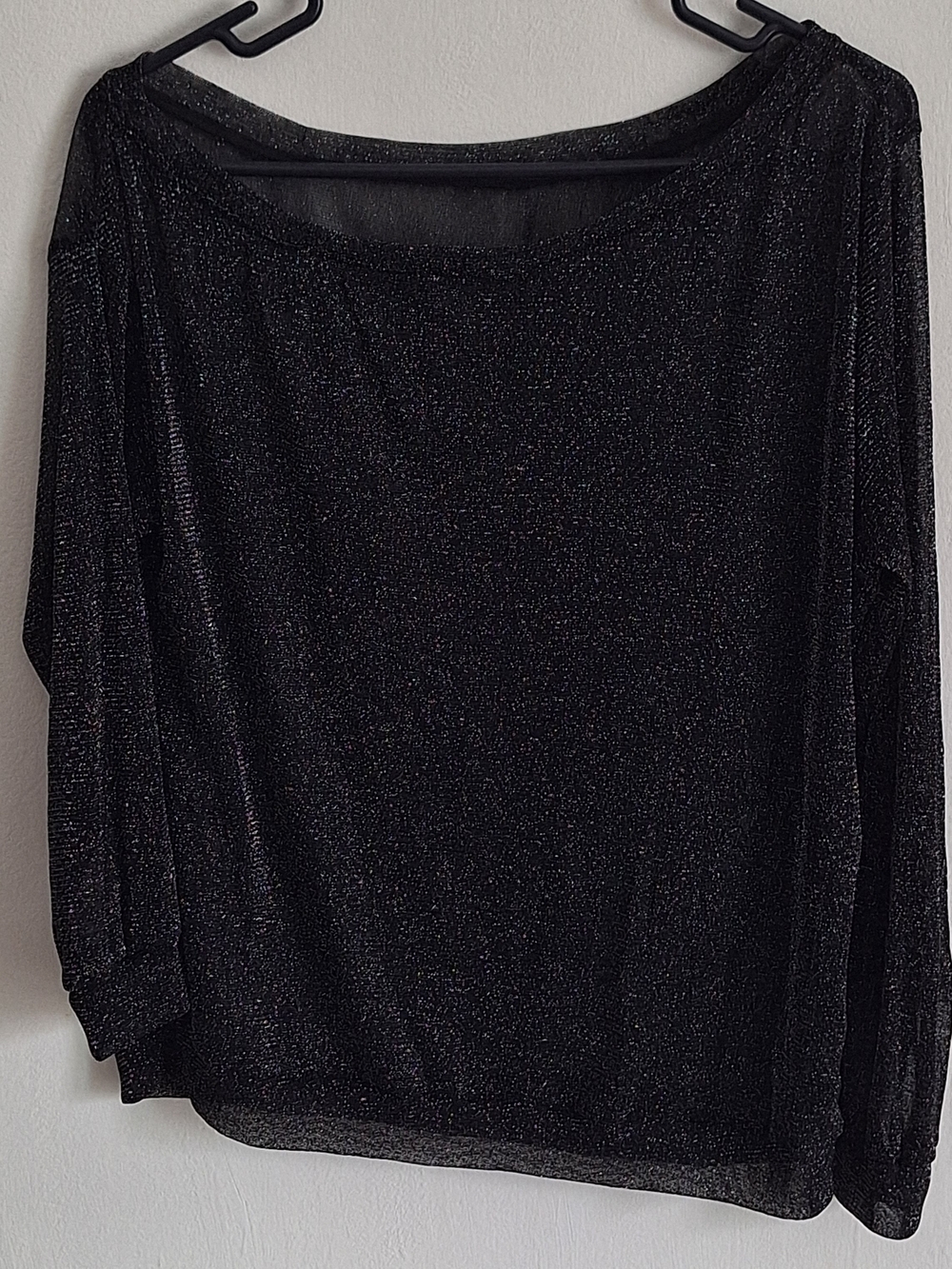 SHEIN Black Sheer Glitter Mesh Boat Neck Pullover Top Women’s L Long Sleeve